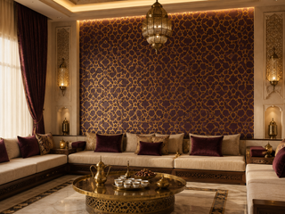 Arabic geometric pattern in deep plum and gold pigment on a Majlis feature wall in Jumeirah