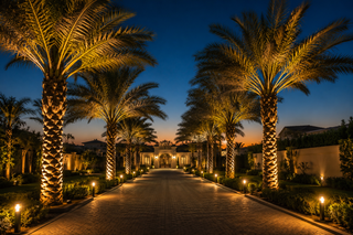 Mature palm uplighting and bollard markers along a Dubai compound