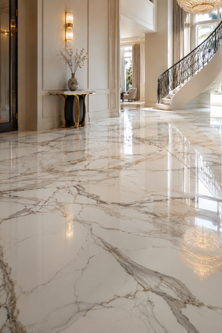 Calacatta marble flooring laid diagonally in a Dubai villa