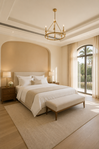 Warm neutral villa interior with soft sand tones across living spaces