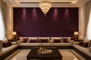 Deep plum Majlis feature wall with soft geometric pattern