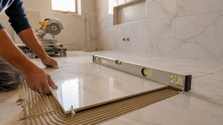 Master ensuite retile — large-format porcelain with anti-fracture membrane