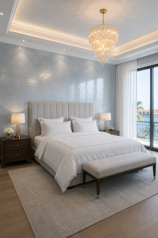 Polished soft blue-grey bedroom finish