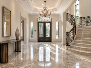Villa entrance hall floor in Calacatta marble, diagonal pattern