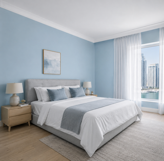 Calm blue bedroom repaint in a Dubai Marina apartment