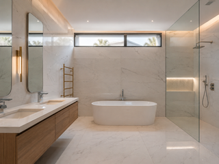 Master ensuite retile in large-format marble-look porcelain