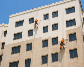 Building facade repainted by rope-access team in Dubai