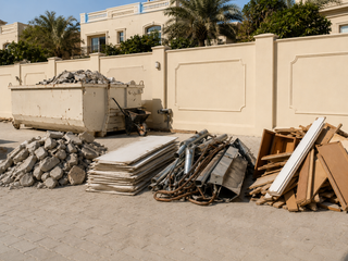 Segregated waste piles — concrete, gypsum, metal, wood — next to a DM-approved skip