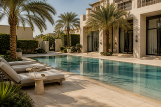 Pool surround, planting and lighting at an Emirates Hills villa