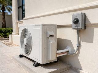 Weatherproof AC isolator switch installed next to a villa exterior condenser