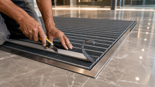 Custom-cut commercial entrance mat — brushed stainless inset