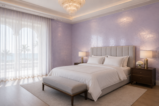 Soft lilac polished plaster finish on master bedroom wall