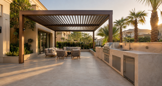 Full villa hardscape with pergola, porcelain paving and outdoor living in Dubai