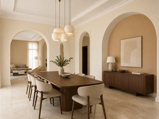 Warm neutral living room with antique white walls in a Dubai villa