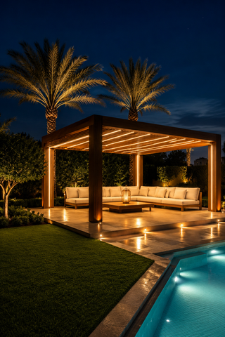 Warm pergola feature lighting in a Dubai villa garden after dark