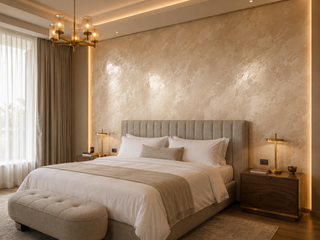 Venetian plaster feature wall in a Palm Jumeirah master bedroom