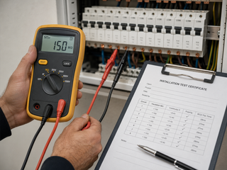 Insulation tester reading at a distribution board with installation test certificate alongside