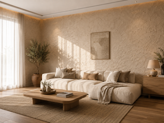 Sand texture effect on living room walls in Arabian Ranches