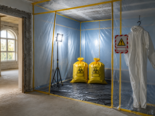Hazmat containment vestibule with PPE suit and labelled bagged waste