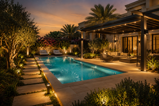 Pool, pergola and planting with designed shade in a Dubai villa garden