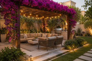 Garden pergola and landscaping in an Arabian Ranches villa