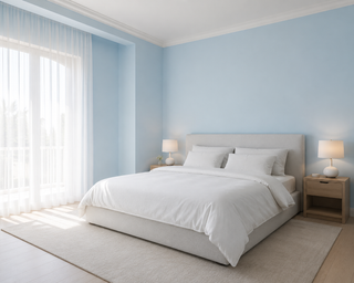Calm soft blue bedroom with painted walls