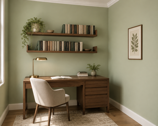 Sage green study with painted walls and natural light