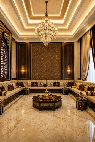 Traditional Majlis with elaborate gypsum ceiling in a Dubai villa