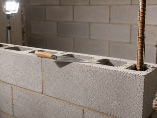 Close-up of fresh 10mm mortar joints struck flush on a newly laid course of concrete block