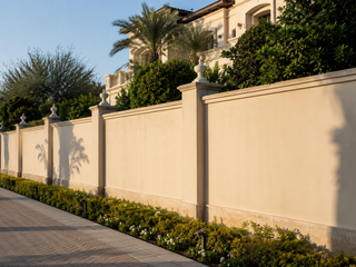 Finished villa-compound boundary wall with plastered render, pilasters and capping