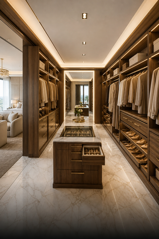 Walk-in wardrobe with walnut veneer in a Dubai villa