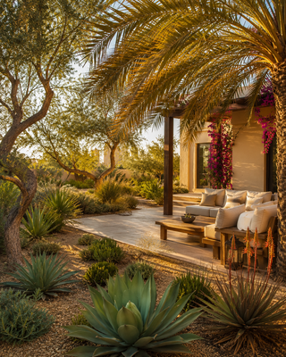 Villa garden with date palm canopy, ghaf and native succulents in Dubai