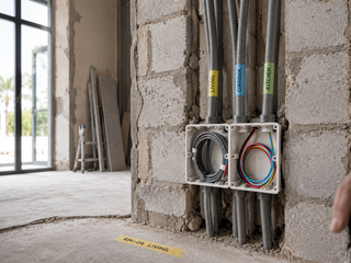 Smart-home wiring rough-in inside a villa renovation prior to wall closure