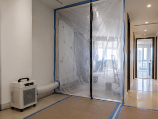 Zip-wall dust containment between live and active areas of an apartment