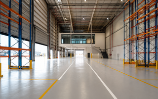 Renovated warehouse interior with new flooring, lighting and mezzanine
