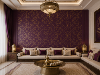 Plum Majlis feature wall with soft gold geometric pattern