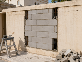 Older villa wall with a tidy patch of replacement block courses tied into the existing structure