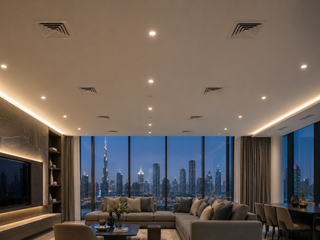 Flat fire-rated ceiling in an apartment with flush AC grilles and recessed downlights