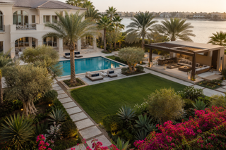 Full villa garden master plan with hardscape, pool surround and planting in Dubai