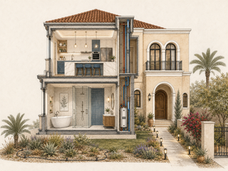 Cross-section illustration of a UAE villa annotated with the parts of a typical City Renovations project