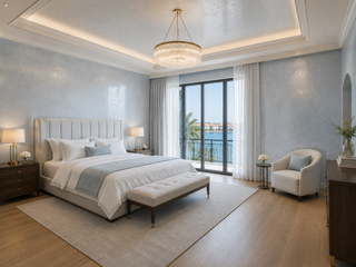 Polished blue-grey bedroom finish