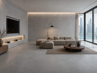 Seamless microcement walls and floor in a Dubai Marina penthouse living room